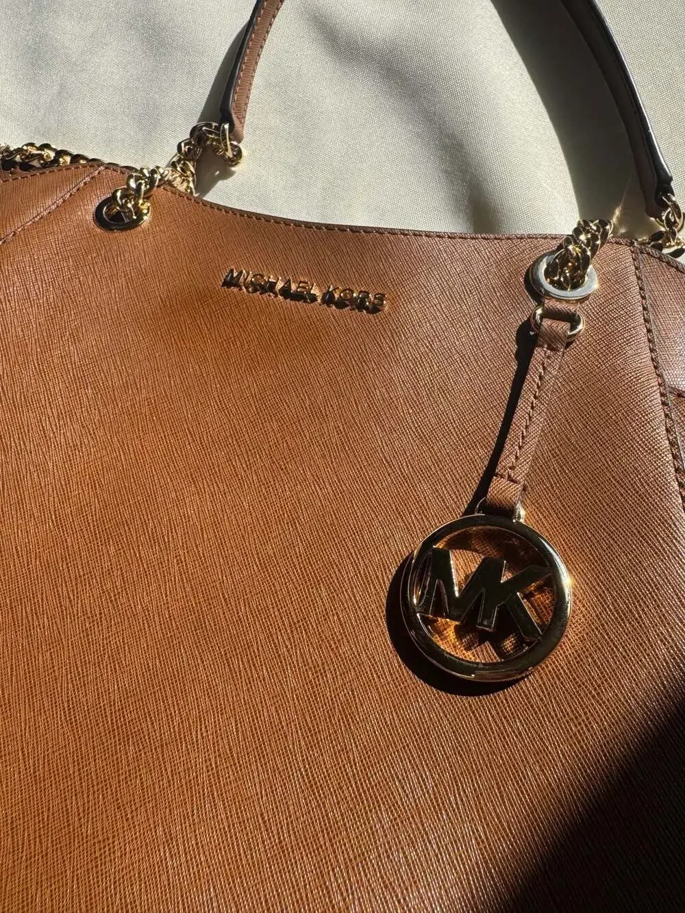 Michael Kors Jet Set Travel Large Saffiano Leather Chain Tote Shoulder Bag Brown
